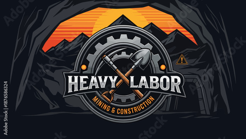 Heavy Labor Mining and Construction Emblem with Crossed Picks and Shovel.