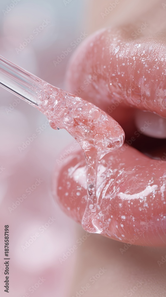 Fototapeta premium Close-up of a shimmering pink lip gloss being applied to full, glossy lips with a transparent applicator. For beauty, cosmetic, and makeup marketing.