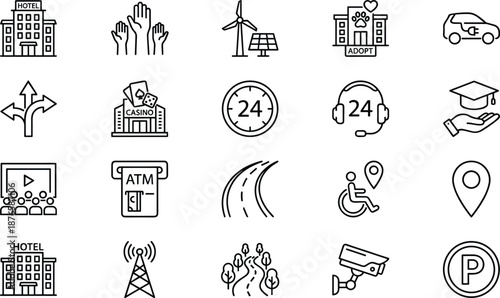Public services and travel line icons set, hotel, 24h support, renewable energy, pet adoption, electric car, casino, cinema, parking, security camera, and location.