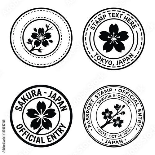 Japanese Sakura Passport Stamp and Official Entry Seal Vector Set