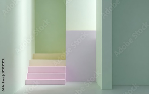 Wallpaper Mural Pastel-colored staircase and geometric walls in a minimalist, architectural rendering Torontodigital.ca