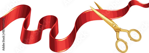 Ribbon being cut by golden scissors for grand opening vector