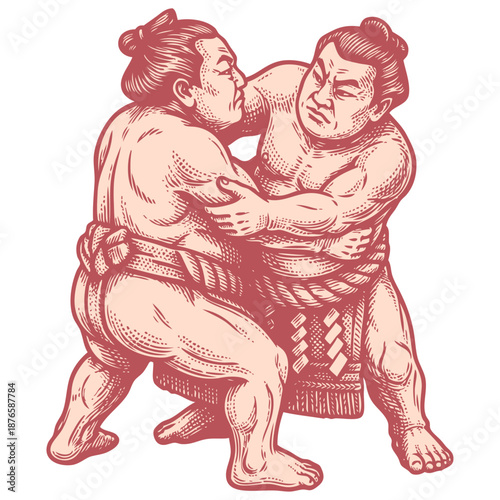 Two sumo wrestlers grappling in a traditional Japanese fight. Hand-drawn vector illustration in a classic vintage woodcut or engraving style.