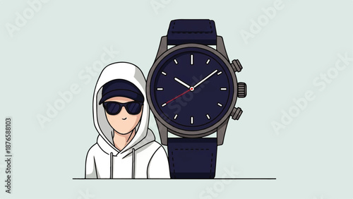 A masked figure in a hoodie standing next to a large watch on a chinese day