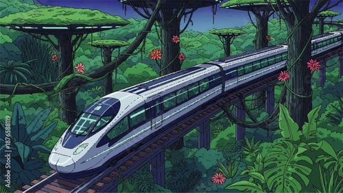 A sleek silver train glides through a lush Chinese day landscape on elevated tracks surrounded by vibrant greenery and colorful flowers