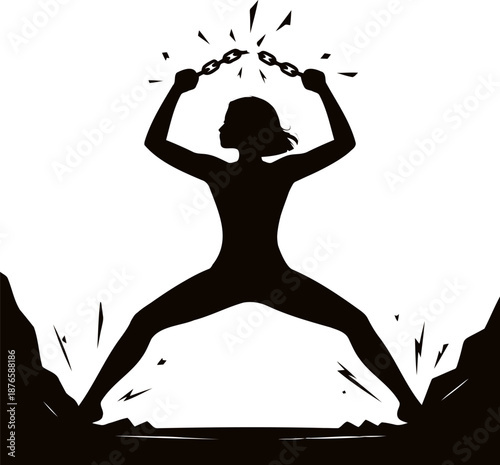 Silhouette of a woman breaking chains and jumping freedom