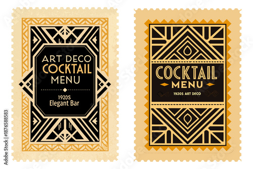 1920s art deco cocktail menu board, gold lettering on black, geometric frame, elegant bar gallery wall piece.