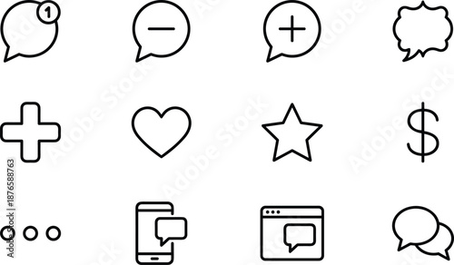 Black and White Line Icons of Communication, UI Symbols, Messaging, Engagement, and Digital Interaction for Web and App Design