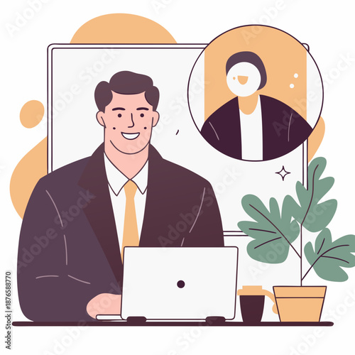Professional businessman in video conference with colleague on screen