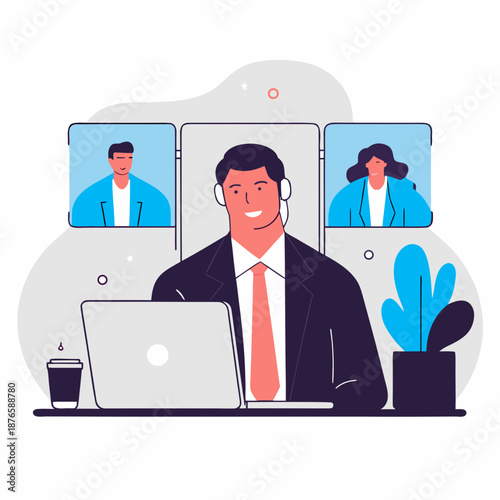 Businessman in video conference with colleagues online