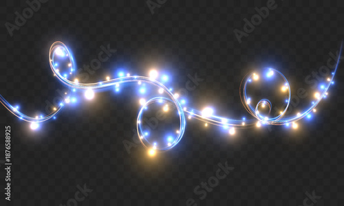 Light garland vortex with glowing blue and gold bulbs on transparent background, sparkling swirl line for Christmas, New Year, wedding and festive holiday design.
