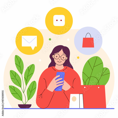 Woman shopping online with phone and bags nearby happily