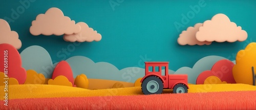 Farm Tractor Minimalism concept. Colorful paper art of a tractor in a vibrant landscape with clouds.