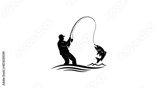 Silhouette of a Fisherman Catching a Jumping Fish.