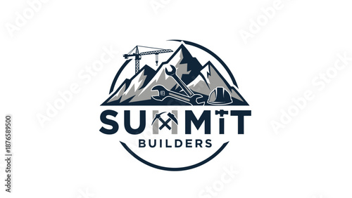 Summit Builders Logo Design with Mountains and Tools.