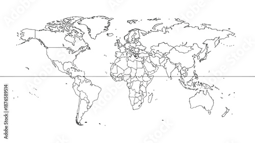 A detailed outline of the world map displaying continents and country borders