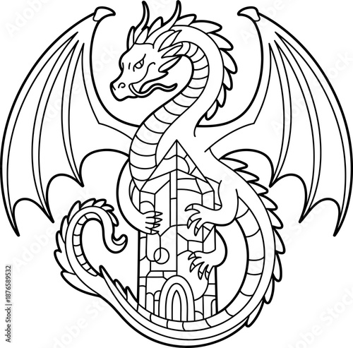 Black and white dragon with sword and castle wings