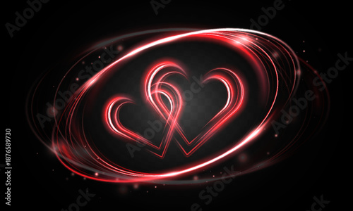Light heart vortex with glowing garland effect. Neon red and blue hearts made of light trails, swirling rings and sparkles for Valentine’s Day, wedding and romantic holiday designs.
