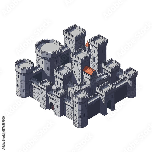 Pixel art isometric medieval castle fortress with towers and ramparts, perfect for game assets and fantasy art