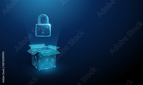 3d open box with padlock. Secure, confidential delivery, safe logistics, trusted service, privacy assurance, ready data security solution concept.