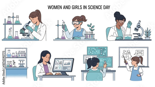 Illustration of diverse women in science, working with lab equipment and computers in a corporate education setting, conveying a professional mood.