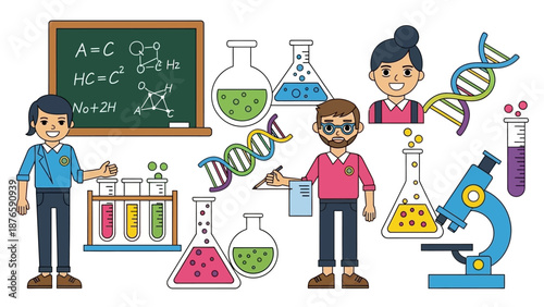 Illustration of a diverse group of students engaged in a science experiment in a classroom setting with various lab equipment and educational tools.