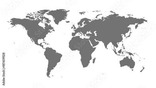 A monochrome depiction of the world map showing continents and oceans
