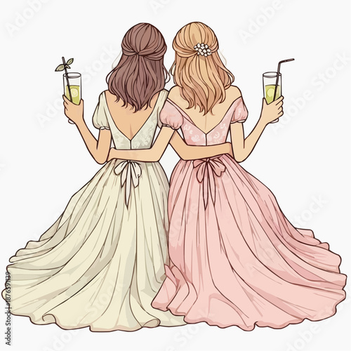 Lady wearing gowns and holding lemonade drinks 