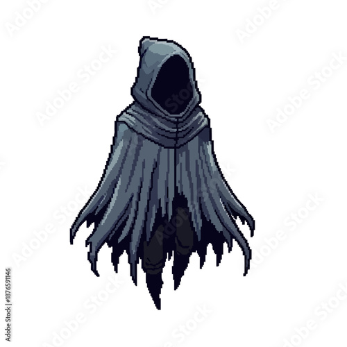 Pixel art illustration of a dark hooded figure, evoking a sense of mystery and the supernatural