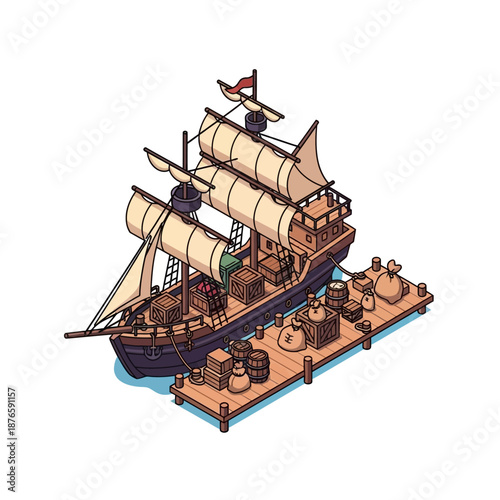 Vibrant isometric illustration depicting a classic wooden sailing ship bustlingly docked at a busy port dock, laden with cargo like barrels and sacks, ready for maritime trade and adventure
