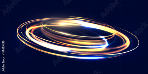 Warm glowing light rings swirl smoothly on a deep blue background, creating a soft abstract motion effect with gentle highlights and elegant luminous trails.
