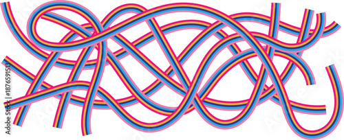 Vibrant pink, blue, and yellow striped lines intricately weave together forming a complex tangled pattern