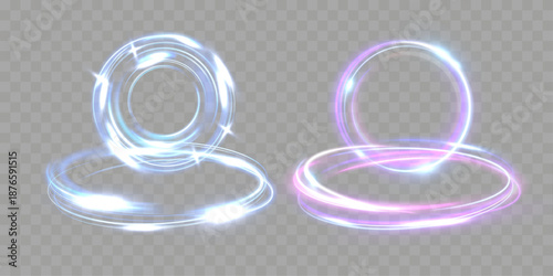 Two soft glowing light rings in icy blue and pastel pink float above a neutral background, forming smooth abstract halos with gentle motion and clean luminous trails.
