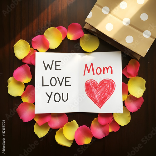 Open Card with We Love You Mom Message Surrounded by Flower Petals mothers day mother's day