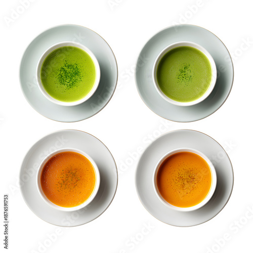 Vibrant soups in white bowls on black background