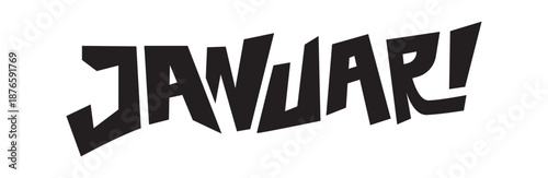 Modern slanted "JANUARI" typography with sharp terminals. Dynamic black vector lettering for professional presentations and contemporary monthly scheduling designs