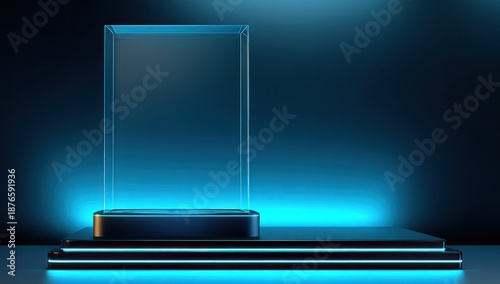 A glass display case sits atop a black platform, illuminated with blue light