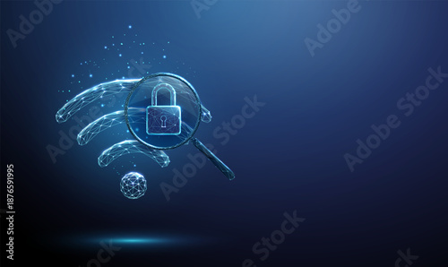 3d wifi icon under magnifying glass with padlock inside lens. Wireless security analysis, cybersecurity audit, data encryption, safe communication concept.