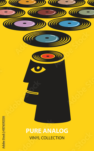 A vector banner or poster for a vinyl store featuring a decorative human head with a vinyl brain. Retro style. Suitable for creative use, advertising, logos, or T-shirt designs.