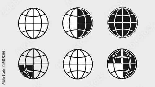 Geometric globe variations with differing grid patterns and contrasting shades