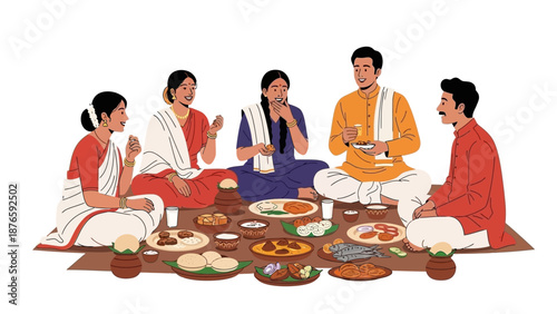 Traditional Assamese people celebrating Magh Bihu with a festive feast on a colorful mat against a clean white background in a lively and cultural illustration.