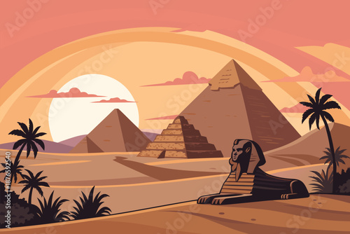 Sunset Glow Over Giza Landmarks Illustrati