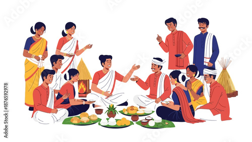 Vector illustration of a traditional Assamese harvest culture feast during Magh Bihu in India with people sitting and standing around food plates.