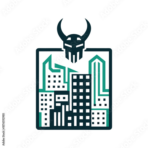 Cyberpunk Cityscape Horned Mask Vector Graphic
