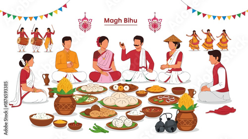 Traditional Assamese people celebrating Magh Bihu with a festive feast and cultural rituals on a colorful illustration with vibrant Indian motifs and decorations.