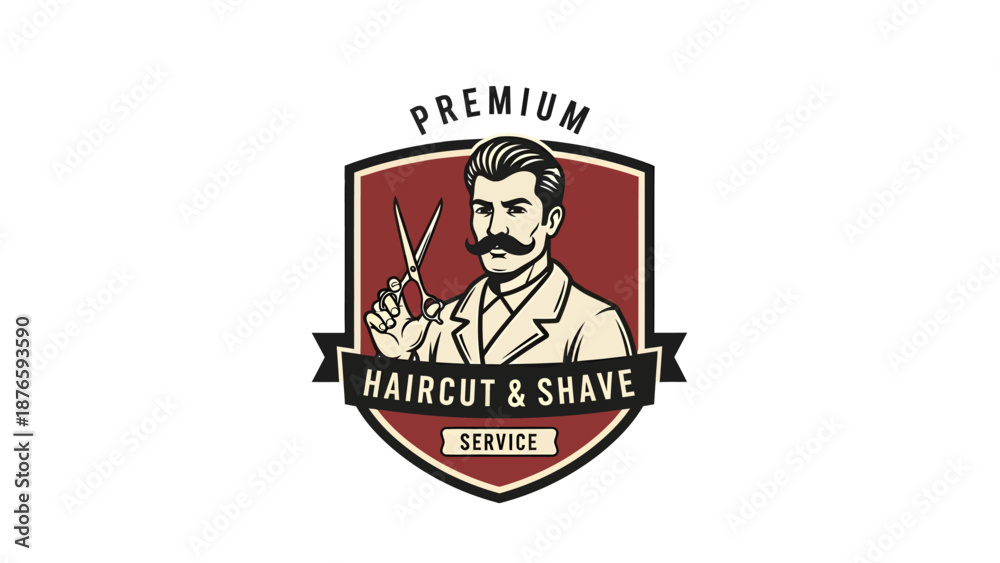 Fototapeta premium Vintage Barber Holding Scissors Ready for Haircut and Shave Service.