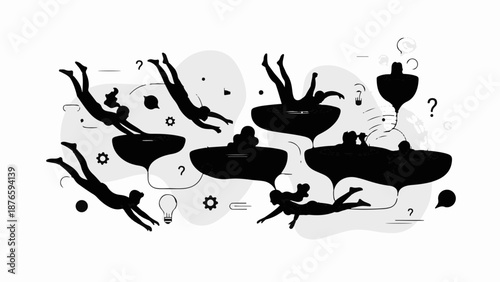 Silhouettes of people diving and interacting within abstract thought bubbles, representing ideas and communication.