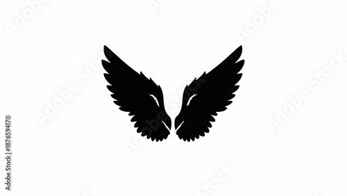 Bold black angel wings silhouette against a clean white background, symbolizing freedom and spirituality.