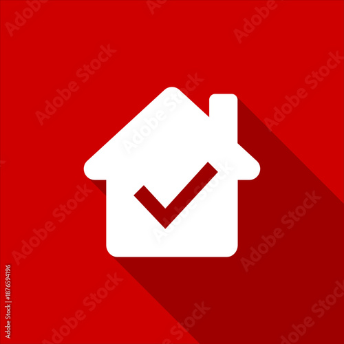 house checkmark icon. white house icon with checkmark symbol on red background with long shadow