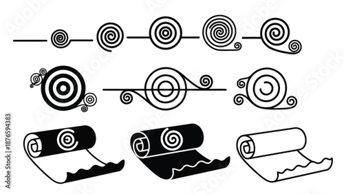 A collection of spiral and rolled shapes in a simple black and white illustration